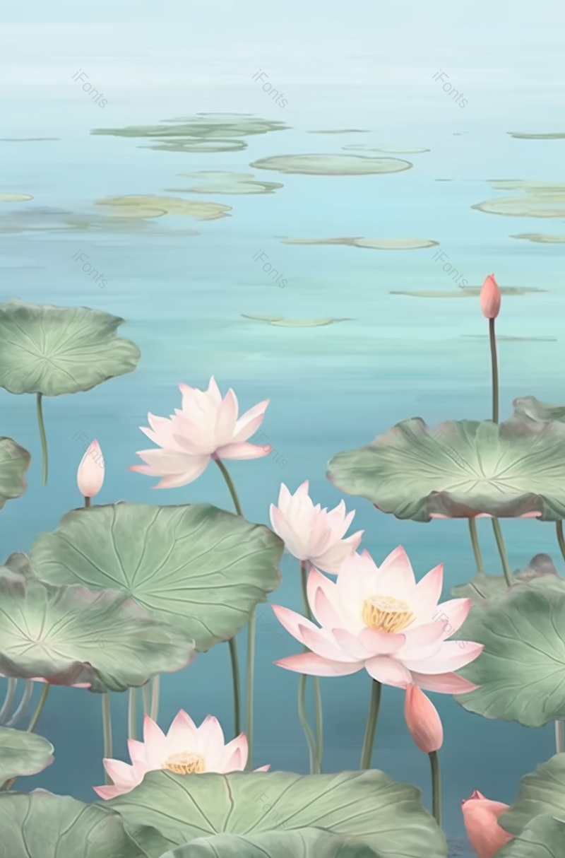 夏日荷叶荷花绽放工笔插画绿色背景,插画/手绘图,插画/手绘图库,插画/手绘图下载,插画/手绘